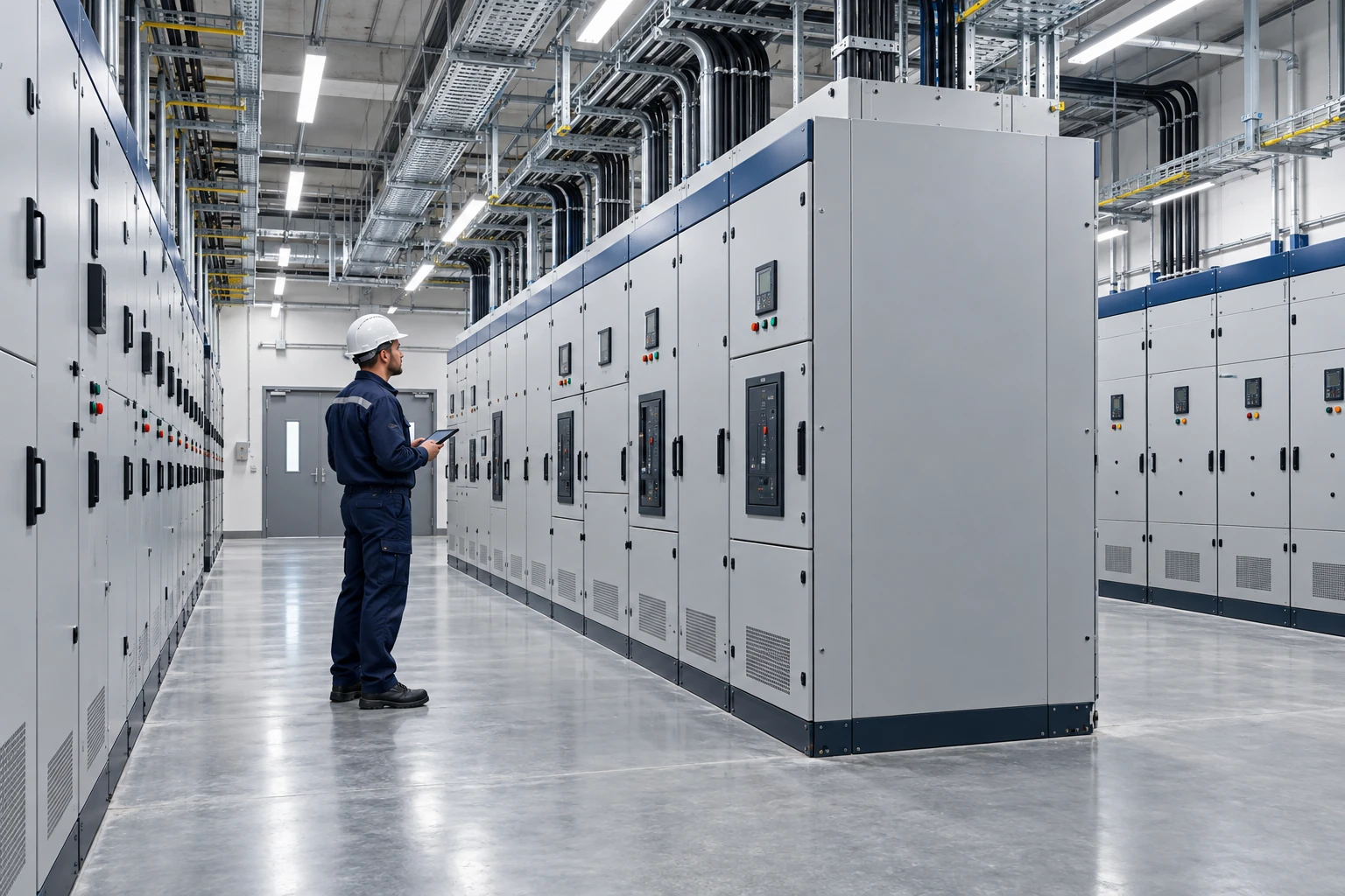 Electrical engineer reviewing building power distribution and switchgear