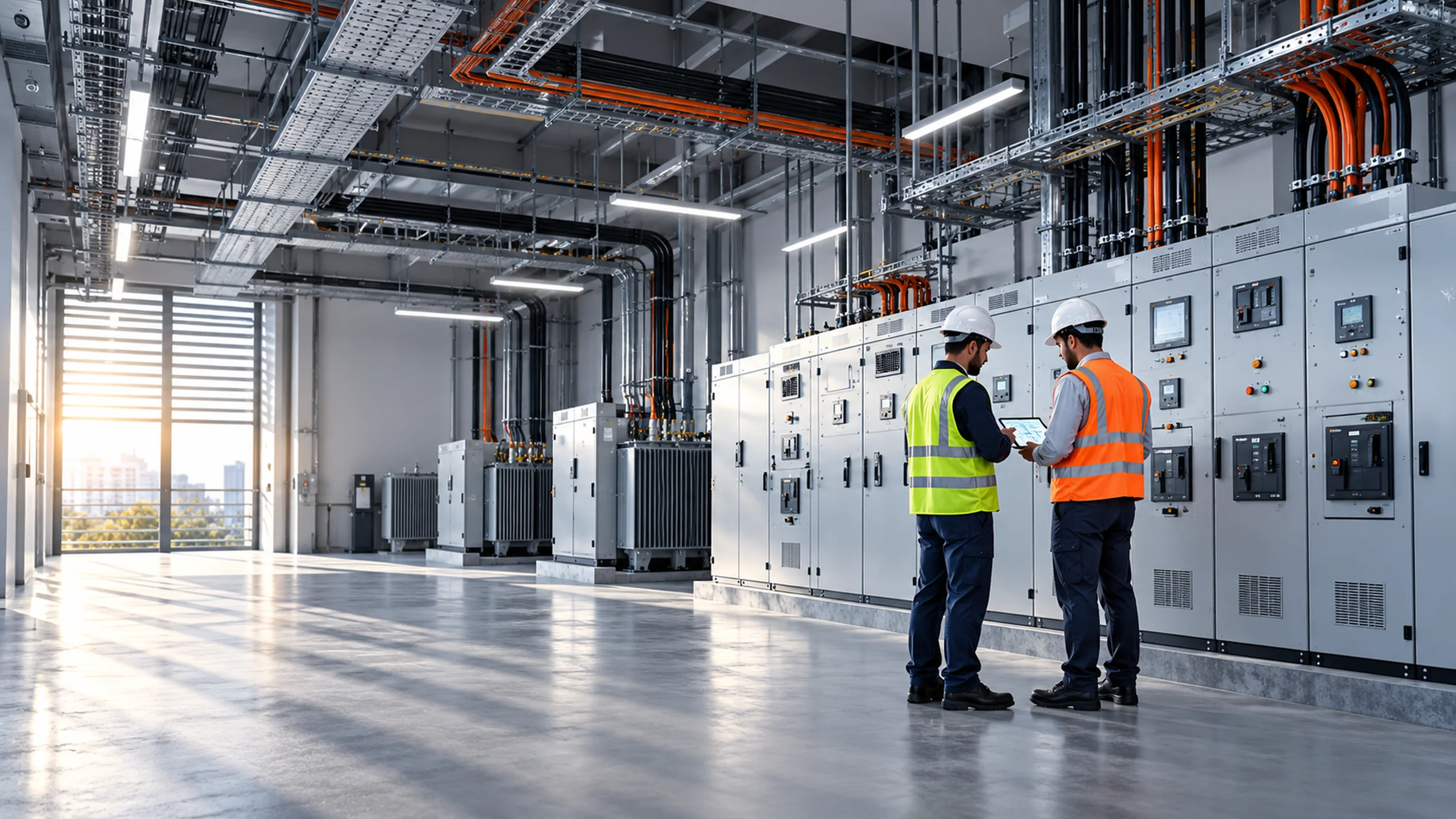 Electrical engineers inspecting power distribution systems in a modern building