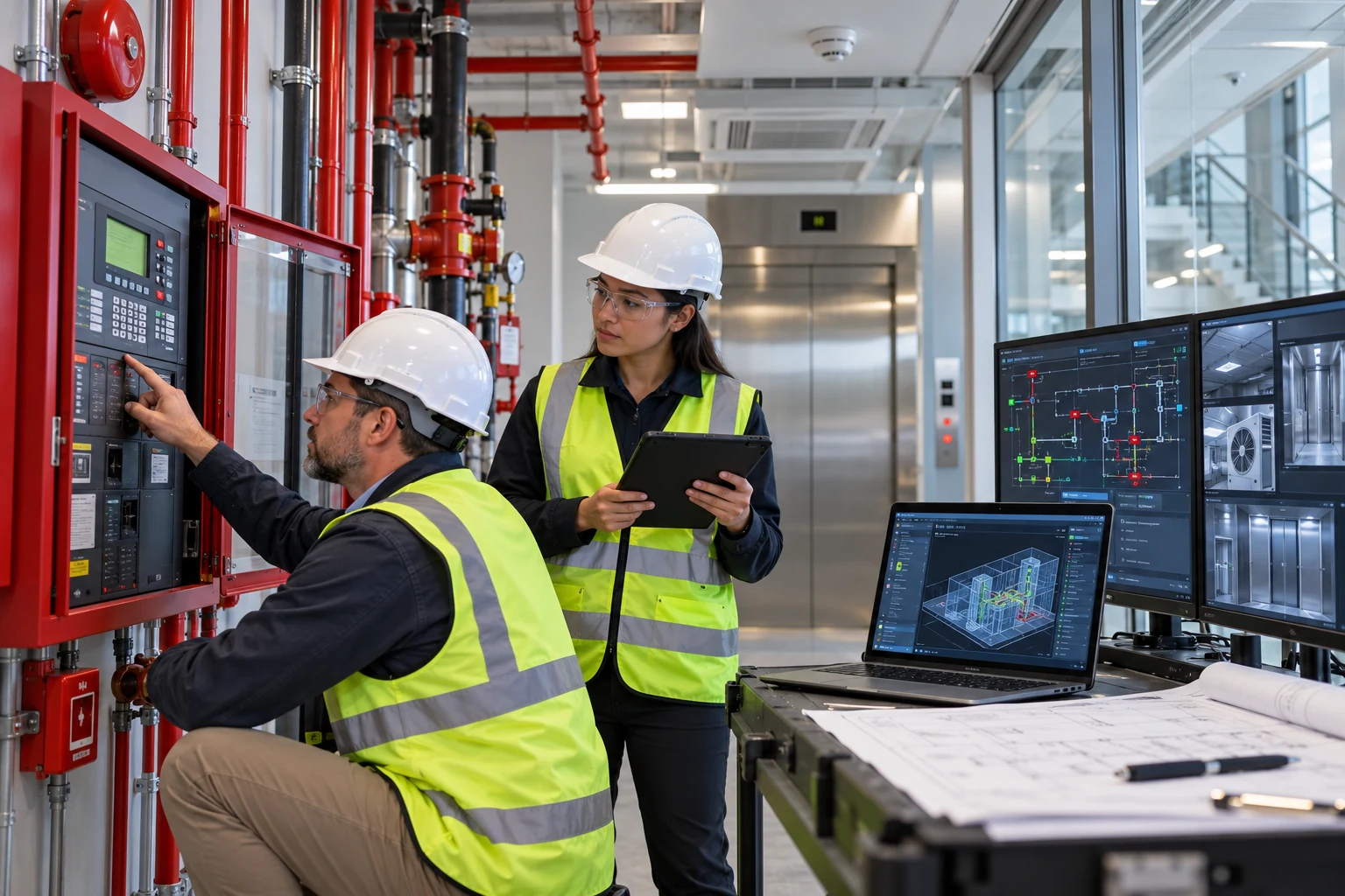 Integrated building systems coordination for fire protection and life safety testing